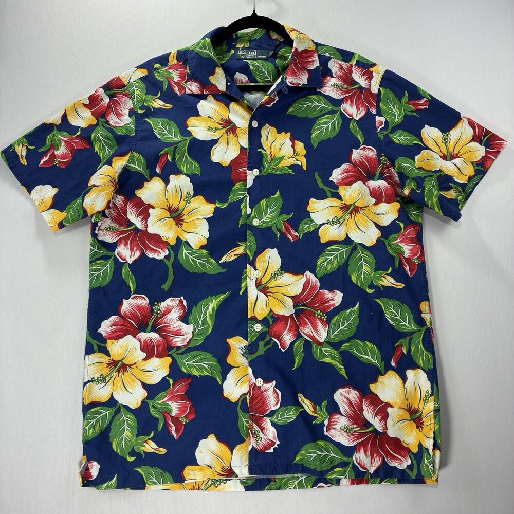 Vintage Polo Ralph Lauren Menโs M Hawaiian Shirt Navy Hibiscus Floral Aloha